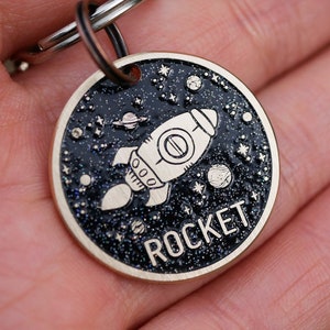 Rocket dog tag personalized, Space pet id tag, Cat name tag,  Custom endraved brass metal dog tag for dogs