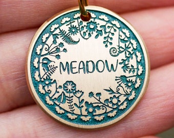 Personalized floral dog tag , Custom name pet id tag, meadow cat name enamel tag, wild flower endraved brass metal dog tags for dog,