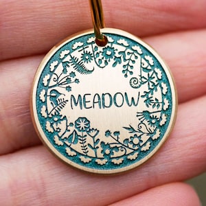 Personalized floral dog tag , Custom name pet id tag, meadow cat name enamel tag, wild flower endraved brass metal dog tags for dog, 4553