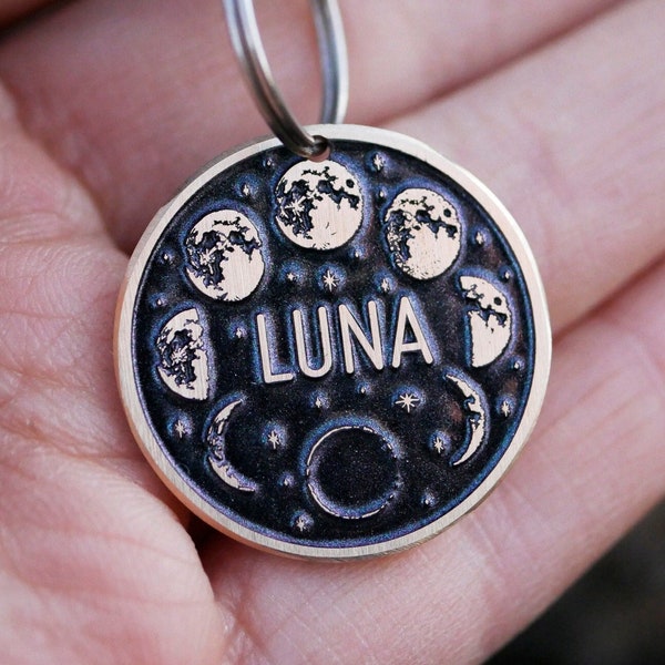 Luna dog tag, Moon phase cat tag, custom name dog tag for dog,  pat id tag personalized,