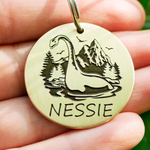 Loch ness dog name tag, Nessie personalized pet id tag, endraved metal cat tag, dog tags for dogs