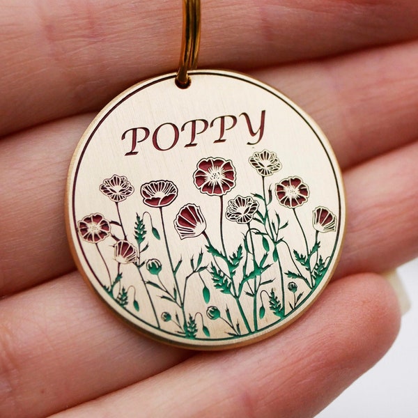 Poppy dog tag personalized, Custom floral pet id tag, meadow cat name enamel tag, flower endraved brass metal dog tags for dog  4510