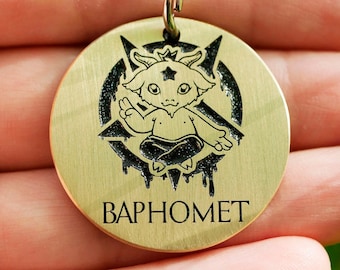 Cute baphomet dog name tag, personalized cat name enamel tag, Satanic endraved metal pet id tag, demon dog tags for dogs