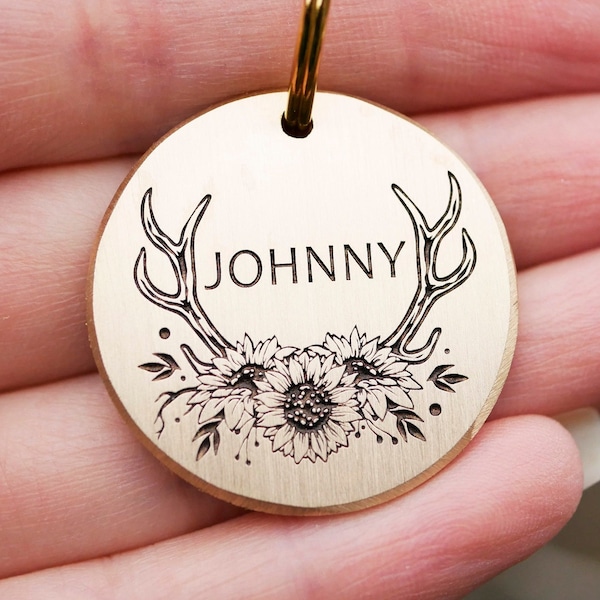 Antler sunflower dog tag, Personalized pet id tag, brass enamel tag, wild endraved cat name tag, antler metal sollar dog tags for dog