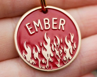 Fire flame dog tag personalized, Custom pet id tag, blaze ember cat name enamel tag, smokey endraved brass metal dog tags for dog 4594