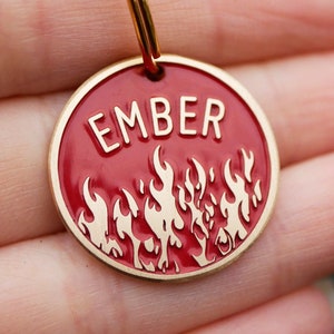 Fire flame dog tag personalized, Custom pet id tag, blaze ember cat name enamel tag, smokey endraved brass metal dog tags for dog 4594