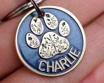 Floral paw dog tag personalized, Custom pet id tag, cat name enamel tag,  endraved brass metal dog tags for dog sollar tag