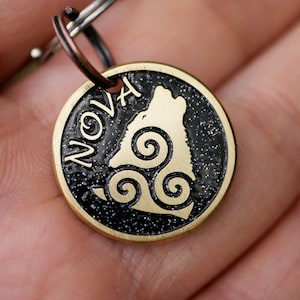 Triskelion wolf dog tag, Custom pet id tag, cat name enamel tag,  endraved brass metal dog tags for dog sollar tag