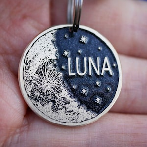 Luna dog tag personalized, Crescent moon pet id tag, Celestial space pet name tag, Witch cat tag Custom endraved brass metal pet tags 4611