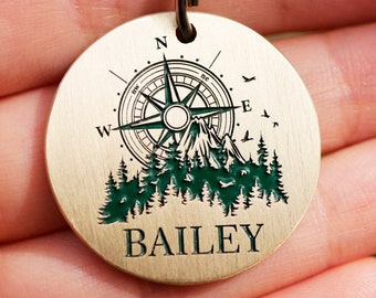 Forest dog tag personalized, Compass custom name dog collar tag, trees pet id tag, endraved brass metal dog tags for dog  4584