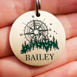 Forest dog tag personalized, Compass custom name dog collar tag, trees pet id tag, endraved brass metal dog tags for dog