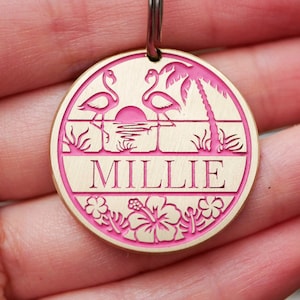 Flamingo dog tag personalized, Custom pet id tag, pink cat name collar tag, endraved brass metal dog tags for dog