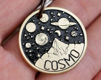 Space dog tag personalized, planet pet id tag, galaxy pet name tag, cosmo cat tag, Custom endraved brass metal pet tags 4617