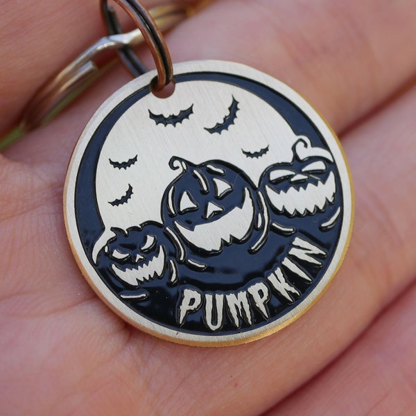Pumpkin pet id tag personalized, Halloween dog tag for dogs, Cat name tag, Custom endraved brass metal pet tags,