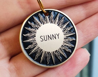 Sun dog tag personalized, celestial pet id tag, Custom name enamel tag,  endraved brass metal dog tags for dog sollar tag for dog