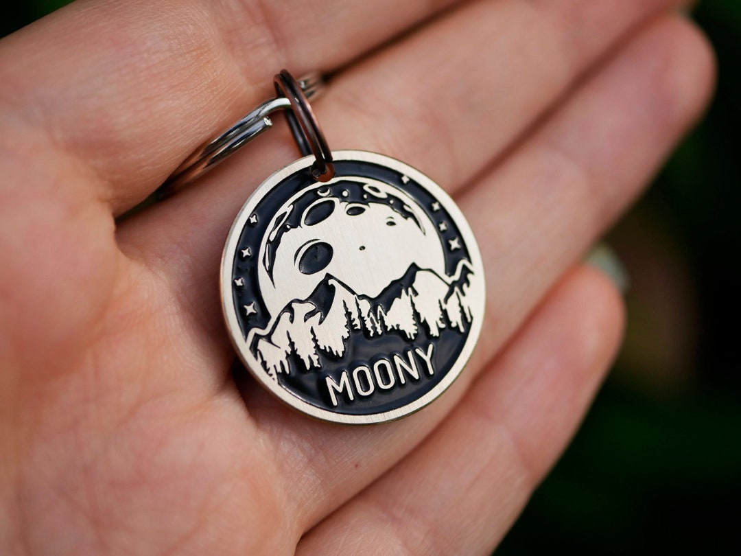Moon Mountains Dog Tag Personalized, Lunar Pet Id Tag, Outdoor Pet Name