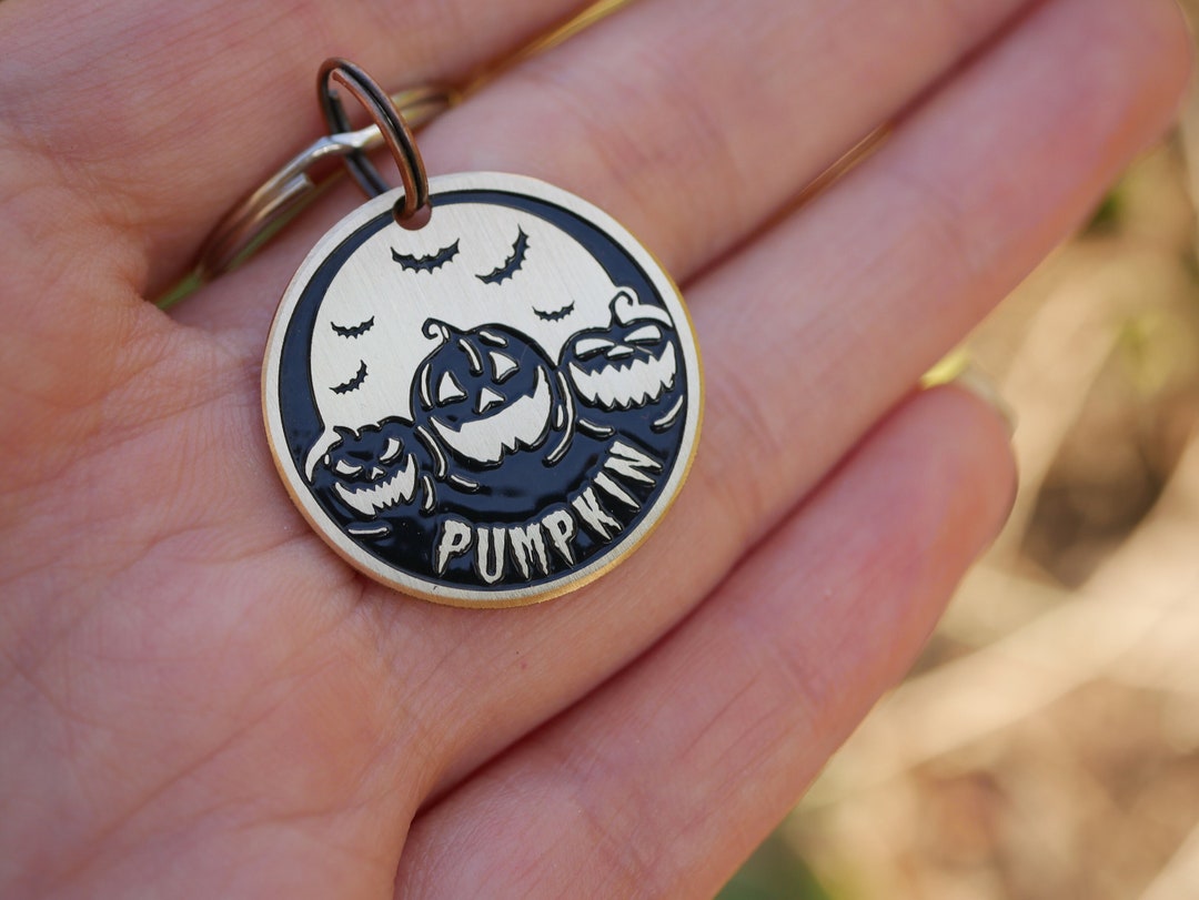 Pumpkin Pet Id Tag Personalized, Halloween Dog Tag for Dogs, Cat Name Tag, Custom Endraved Brass