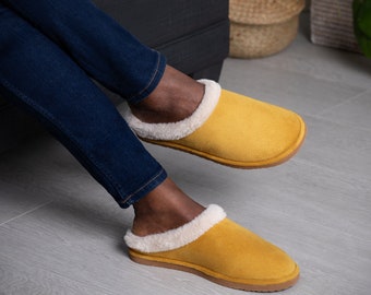 SnugToes mustard suede slippers with lush faux fur lining and firm insole