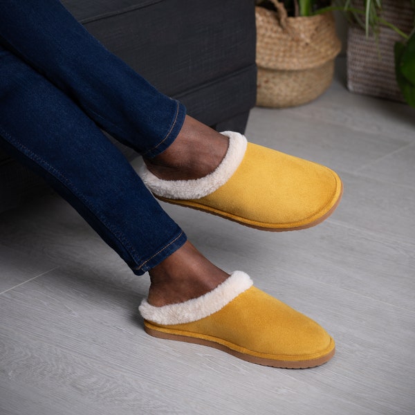 SnugToes mustard suede slippers with lush faux fur lining and firm insole