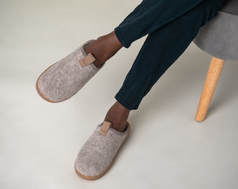 Womens handmade felt wool slippers. Lightweight, comfortable fit, neutral very light brown /  beige colour.  Fully biodegradable.