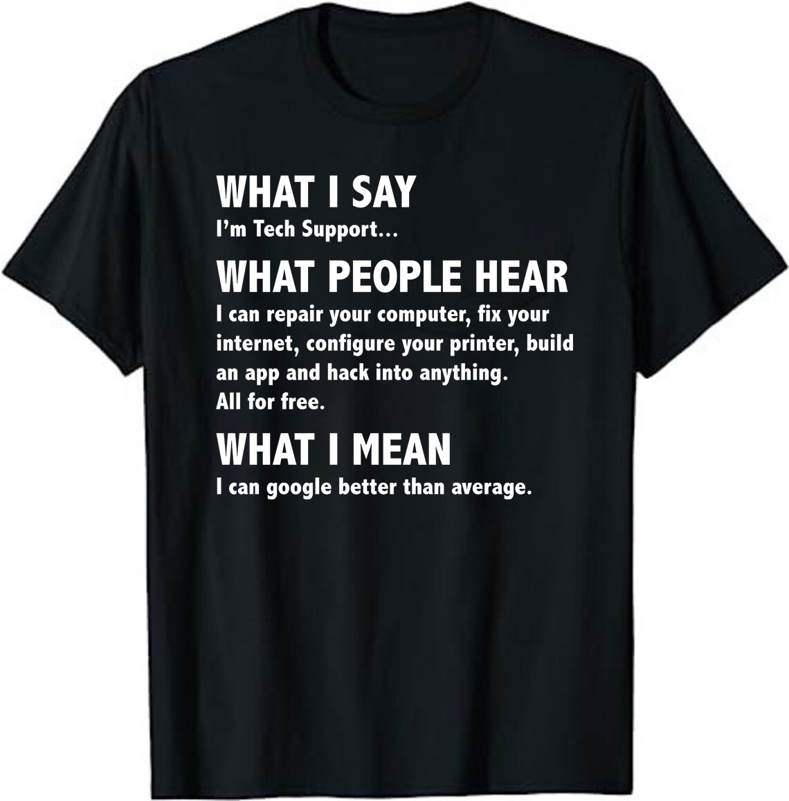 What I say, what people hear - funny tech support sysadmin geek nerd gift T-Shirt - Gifts for Computer Geeks & Nerds - Tech Computer Gifts