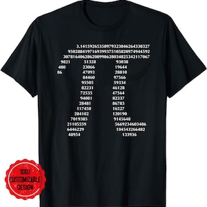 May include: A black t-shirt with white text featuring the first 100 digits of pi. The text is centered on the shirt and is easy to read.