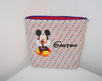 Trousse de toilette enfant PERSONNALISABLE Mickey Mousse en tissu beige, idéal cadeau naissance