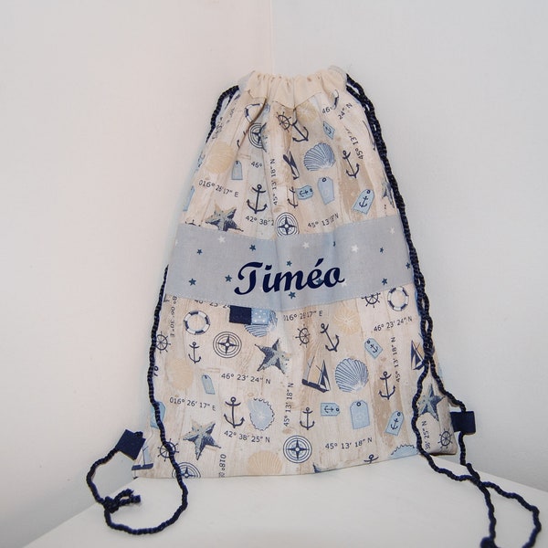 Sac à dos pochon enfant PERSONNALISABLE en tissu thème marin bleu et beige