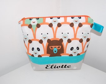 Trousse de toilette bébé en tissu PERSONNALISABLE  blanc motif PANDA et taupe étoilé, idéal cadeau naissance