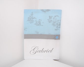 Protège carnet de santé PERSONNALISABLE en tissu toile de jouy bleue et gris motif ourson vintage,idéal cadeau naissance bébé