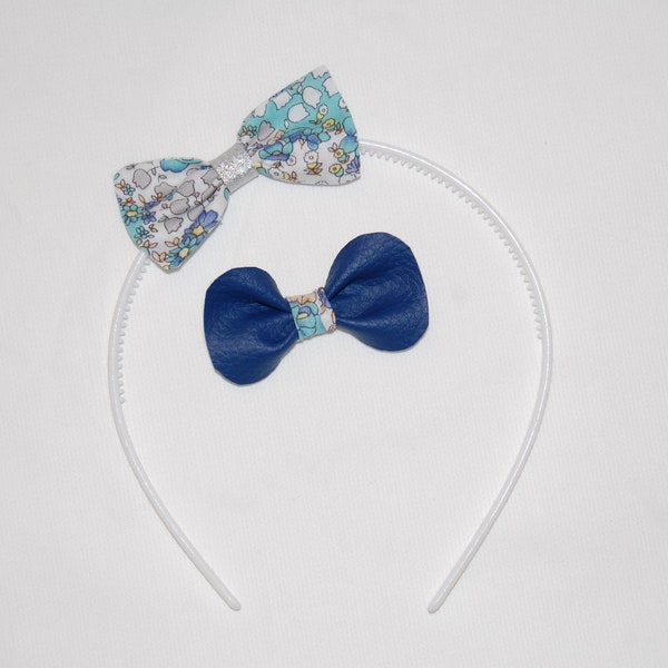 Serre tête noeud papillon et barrette à cheveux fille en tissu liberty et simili cuir bleu, idéal cadeau noël