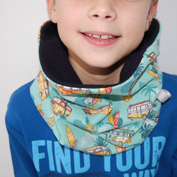 Snood Tour de cou enfant écharpe en tissu vert motif bus Volkswagen et polaire bleu marine, idéal cadeau