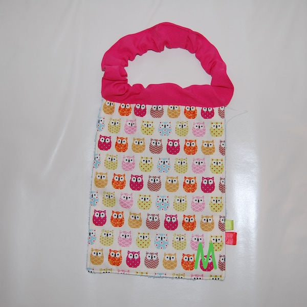 Serviette de cantine PERSONNALISABLE en tissu hibou, serviette de table fille, bavoir élastique enfant, serviette maternelle