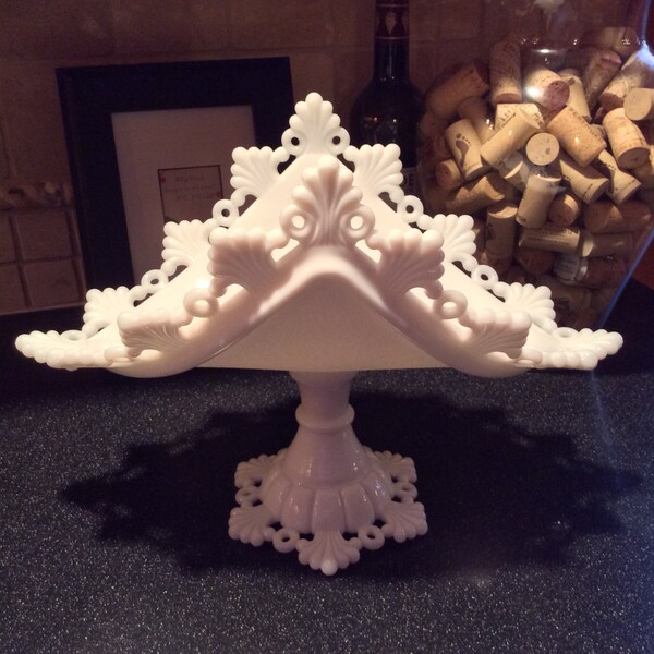Rare Vintage Westmoreland Ring and Petal Milk Glass Lace Edge Banana Stand Pedestal