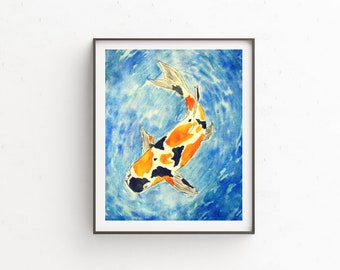 Koi afdrukbare kunst | Aquarel Koi-print | Direct downloaden | Woondecoratie aan zee | Koi vissen afdrukken | Kunst aan de muur | Calico Koi-afdruk