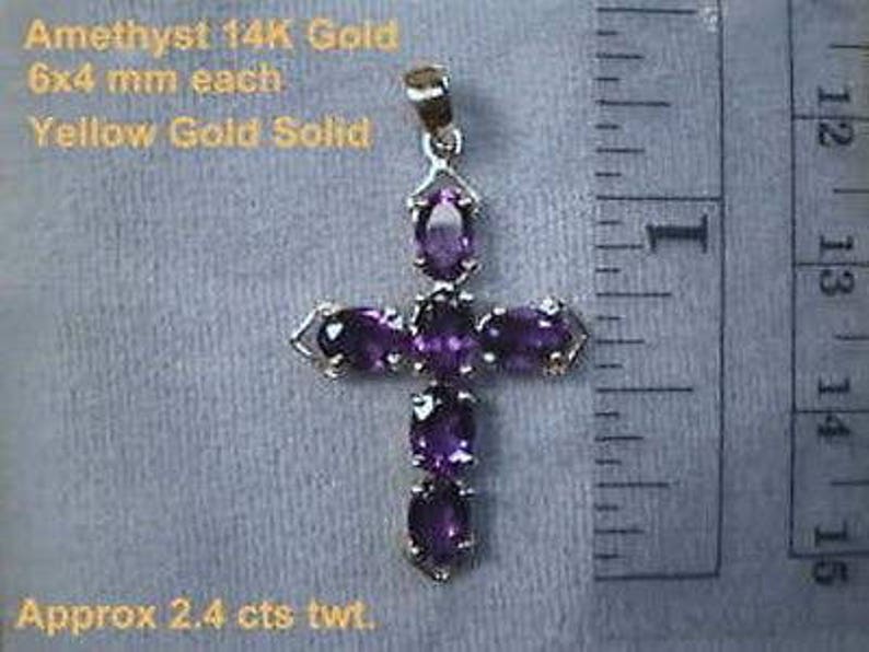 Amethyst Cross 14k Yellow 6 nice Gems 3 carats total 6x4mm Ovals gems