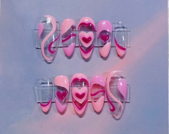 Pink Y2K Heart Swirl Nails | Trendy Cute | Prom Party | Japanese | Press On Nails | Gel Manicure | Premium Handmade | Luxury Press On Nails