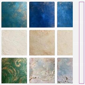 May include: A grid of nine square tiles featuring diverse textures and finishes. The collection includes shades of deep blue, teal with gold accents, cream, beige, and a green tile with gold swirls, alongside weathered, stone-like textured surfaces.