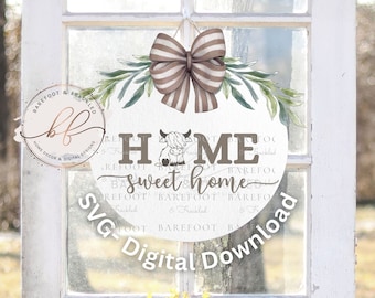 SVG/PNG- Hogar, dulce hogar con Highland Cow O Door Hanger svg, Diseño de percha de puerta de granja, Cricut