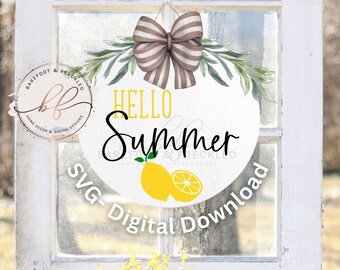 SVG/PNG- Hello Summer with Lemons Door Hanger SVG, Summer Door Hanger Design, Lemon svg/png, Lemon Decor, Summer Cricut File