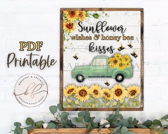 PDF/Printable- Sunflower Wishes and Honey Bee Kisses Printable, Summer, Bee, Decoupage Designs, Summer Graphic, Sunflower Design