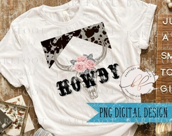 Howdy Country Western Cowhide en Skull PNG, Western Tshirt Sublimation Design