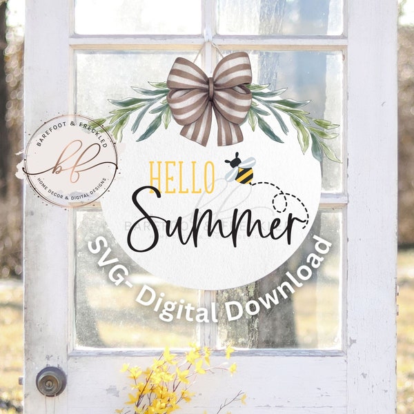 SVG/PNG- Hello Summer with Bumble Bee Door Hanger SVG, Summer, Welcome, Hello, Cricut File, Door Hanger Design