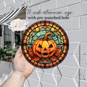 8 Inch Circle Aluminum Sign, Faux Stained Glass Jack O Lantern, Halloween Wreath Attachment, Halloween Sign, Halloween Wreath Decor