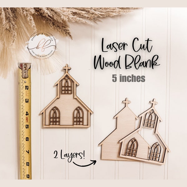 Wooden Laser cut 5 inch Church, Wood Craft Blank, Chapel Wood Blank