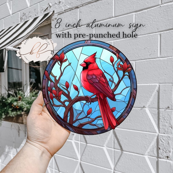 8 Inch Circle Aluminum Sign, Faux Stained Glass Cardinal Bird Wreath Attachment Sign, Winter Red Bird Sign, Wreath Decor