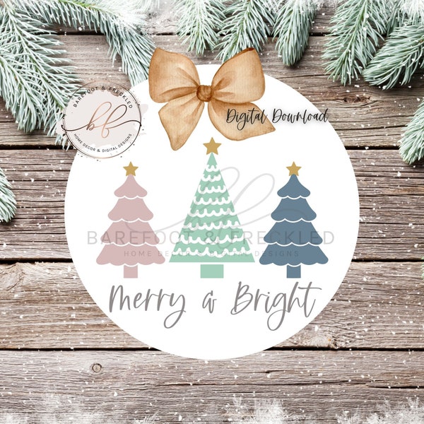 SVG/PNG- Merry and Bright Christmas Tree Trio Door Hanger File, Pastel Christmas png, Cricut File, Printable, Colorful Christmas