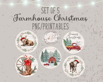PNG/Imprimible- Diseños navideños de Circle Farmhouse de 5 piezas, sublimación, occidental, vacas, botas, paquete imprimible de Navidad, Circle PNG