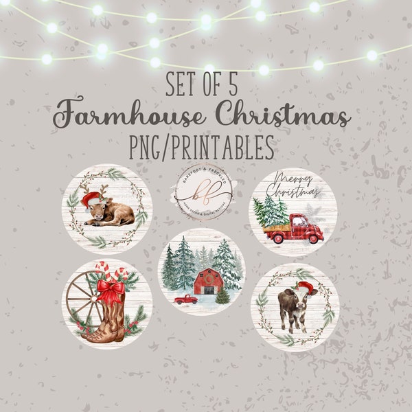 PNG/Printable- 5 Piece Circle Farmhouse Christmas Designs, Sublimation, Western, Cows, Boots, Christmas Printable Bundle, Circle PNG