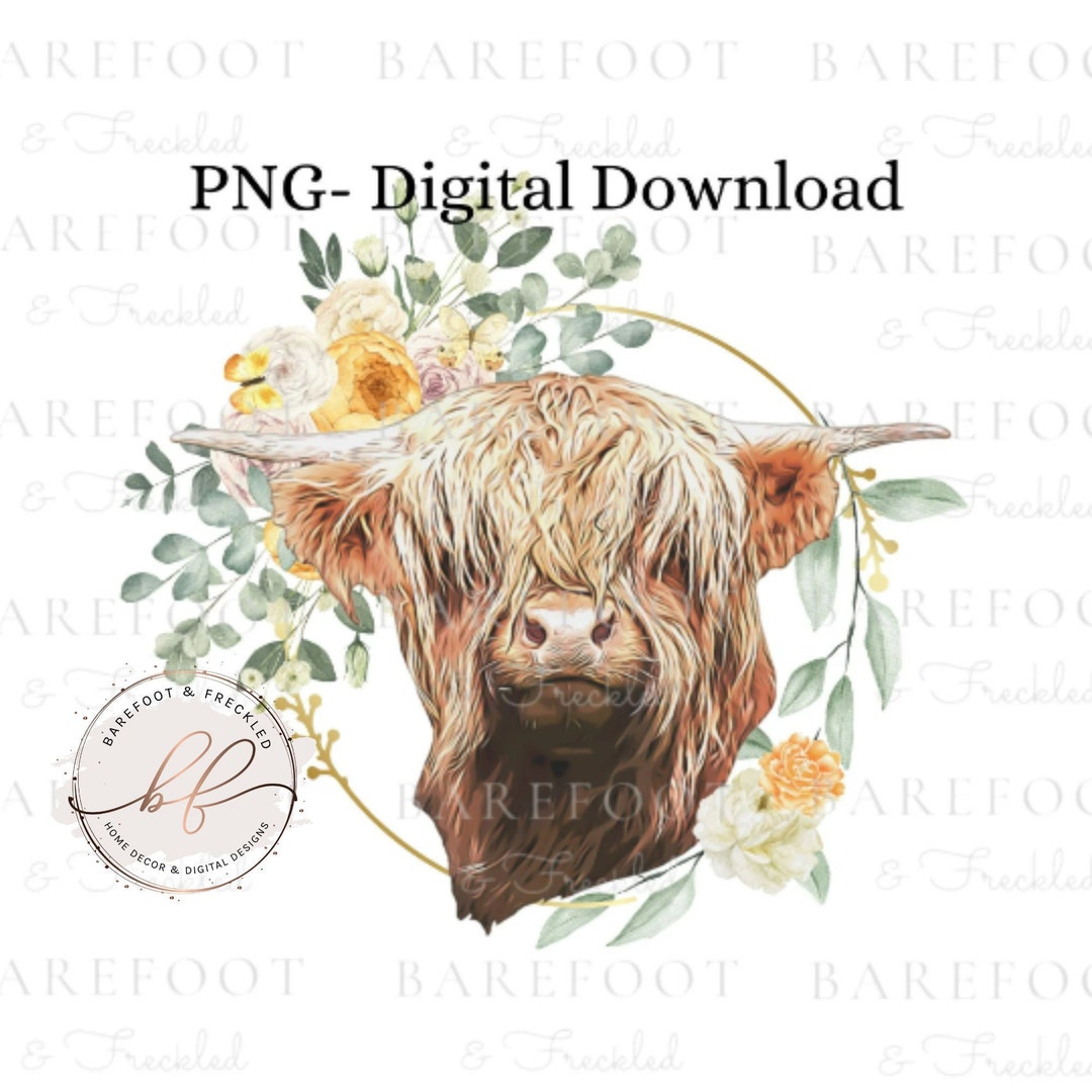 PNG- Highland Cow With Flowers Png Sublimation Design for Tshirts ...